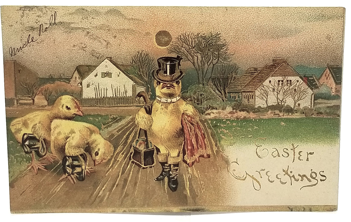 Antique Easter Postcard, Vintage Holiday Post Card, Gold Embossed Anthropomorphic Humanized Chick in Top Hat Walking Away From Farm