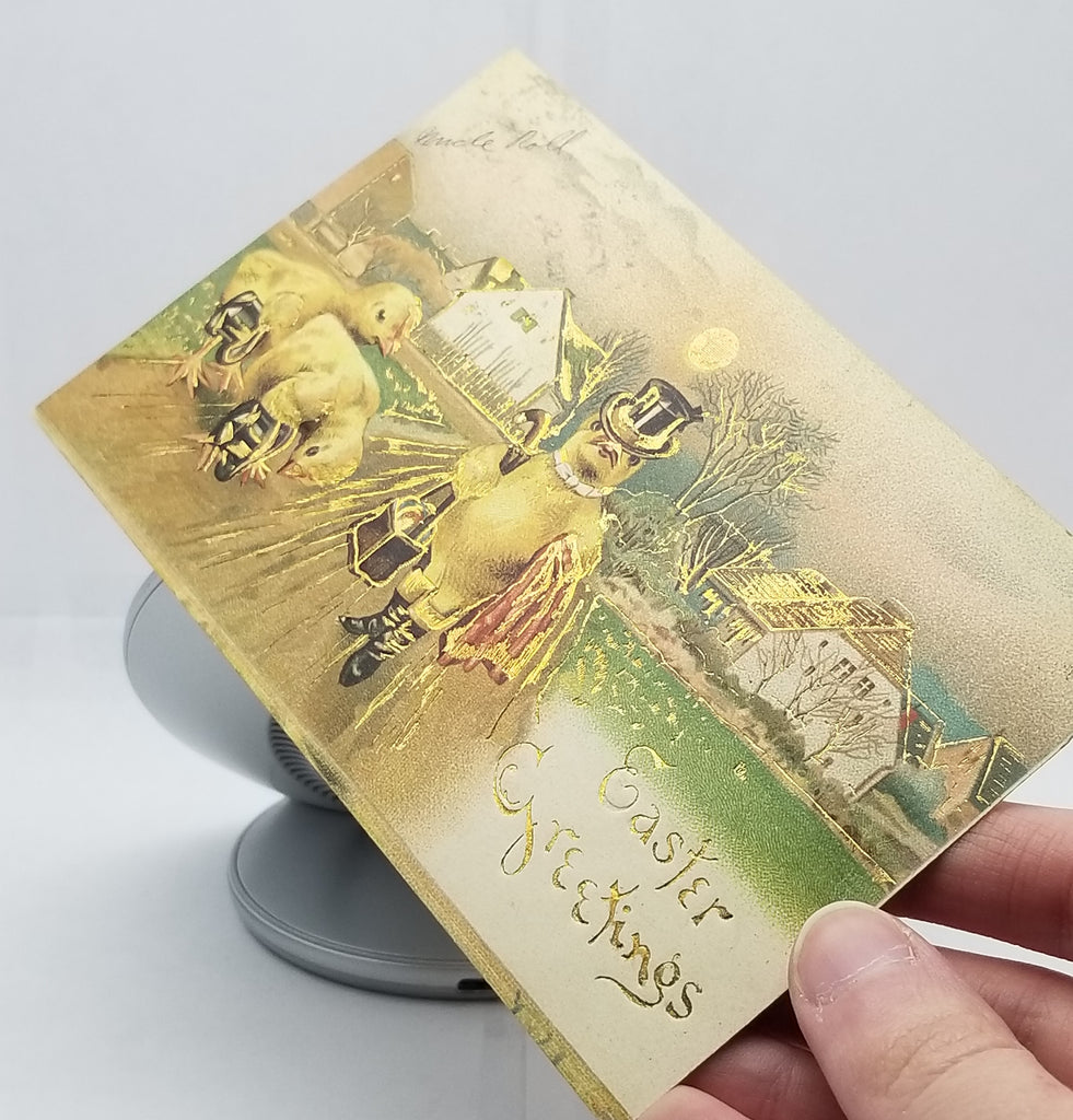 Antique Easter Postcard, Vintage Holiday Post Card, Gold Embossed Anthropomorphic Humanized Chick in Top Hat Walking Away From Farm