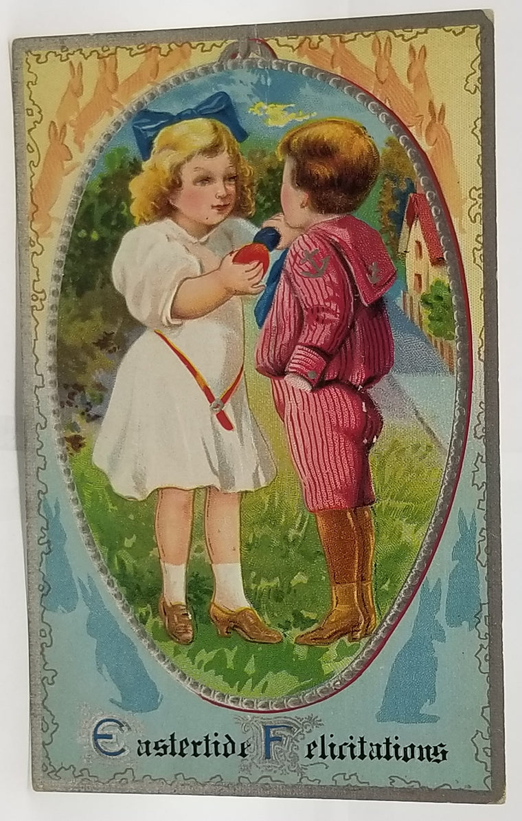 Antique Easter Postcard, Vintage Holiday Post Card, Embossed Children on Egg Hunt Series 8