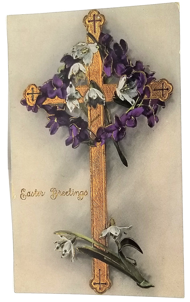 Antique Vintage Easter Postcard, Gold Embossed Cross with Violet Floral Wreath