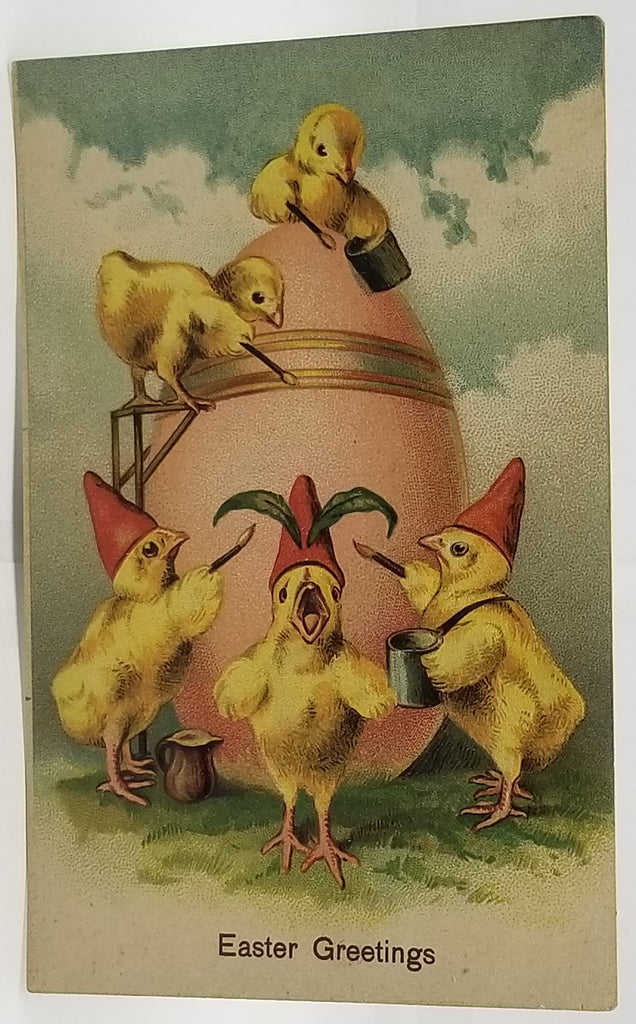 Antique Vintage German Easter Postcard, Anthropomorphic Humanized Baby Chicks in Jester Hats Painting Giant Egg