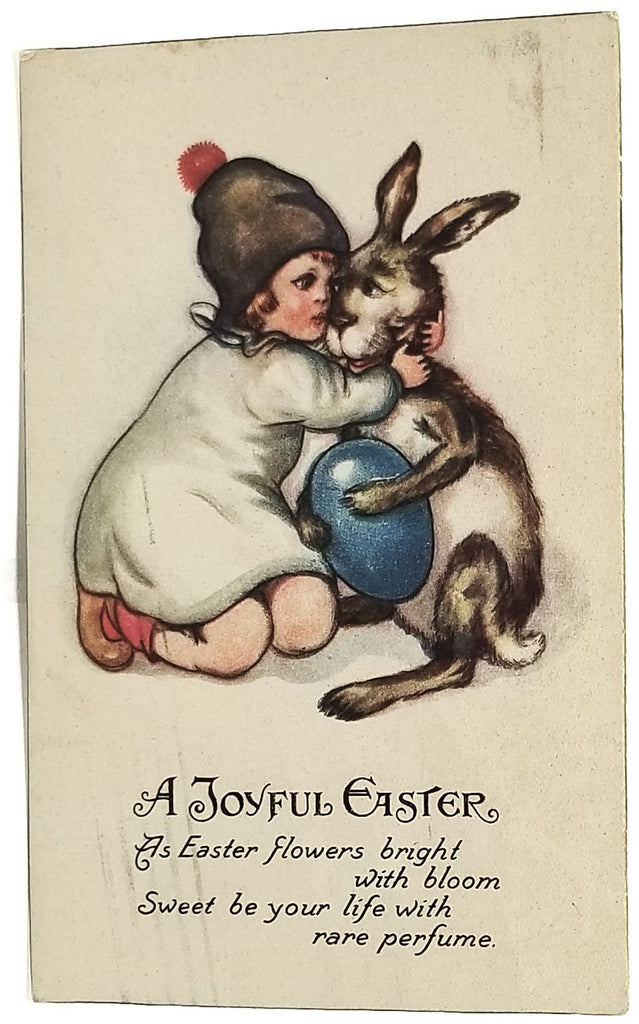 Antique Vintage German Easter Postcard, Little Girl Hugging Brown Bunny Rabbit Holding Giant Blue Painted Egg