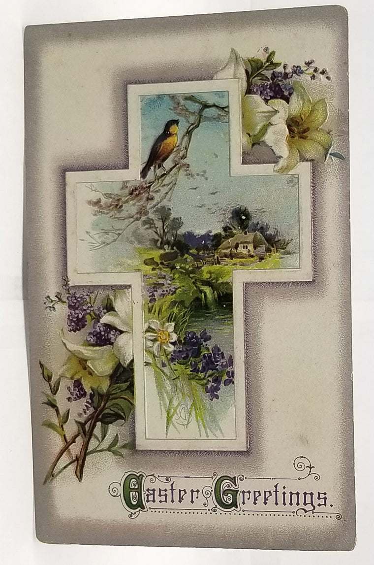 Easter Postcard Cross with Flowers & Birds in Landscape