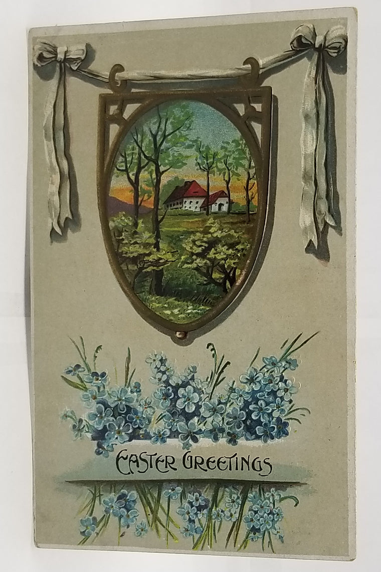 Easter Postcard House in Landscape Blue Flowers Banner