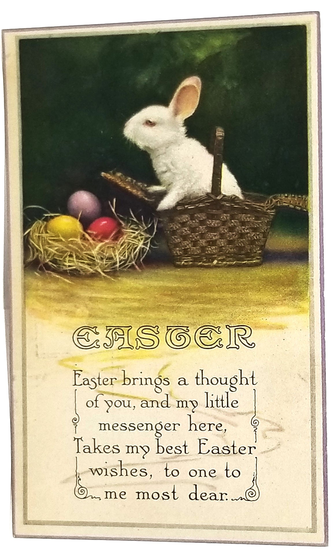 Antique Easter Postcard, Vintage Holiday Post Card, White Rabbit Basket Painted Eggs Arts Craft Style Writing Poem Series 138