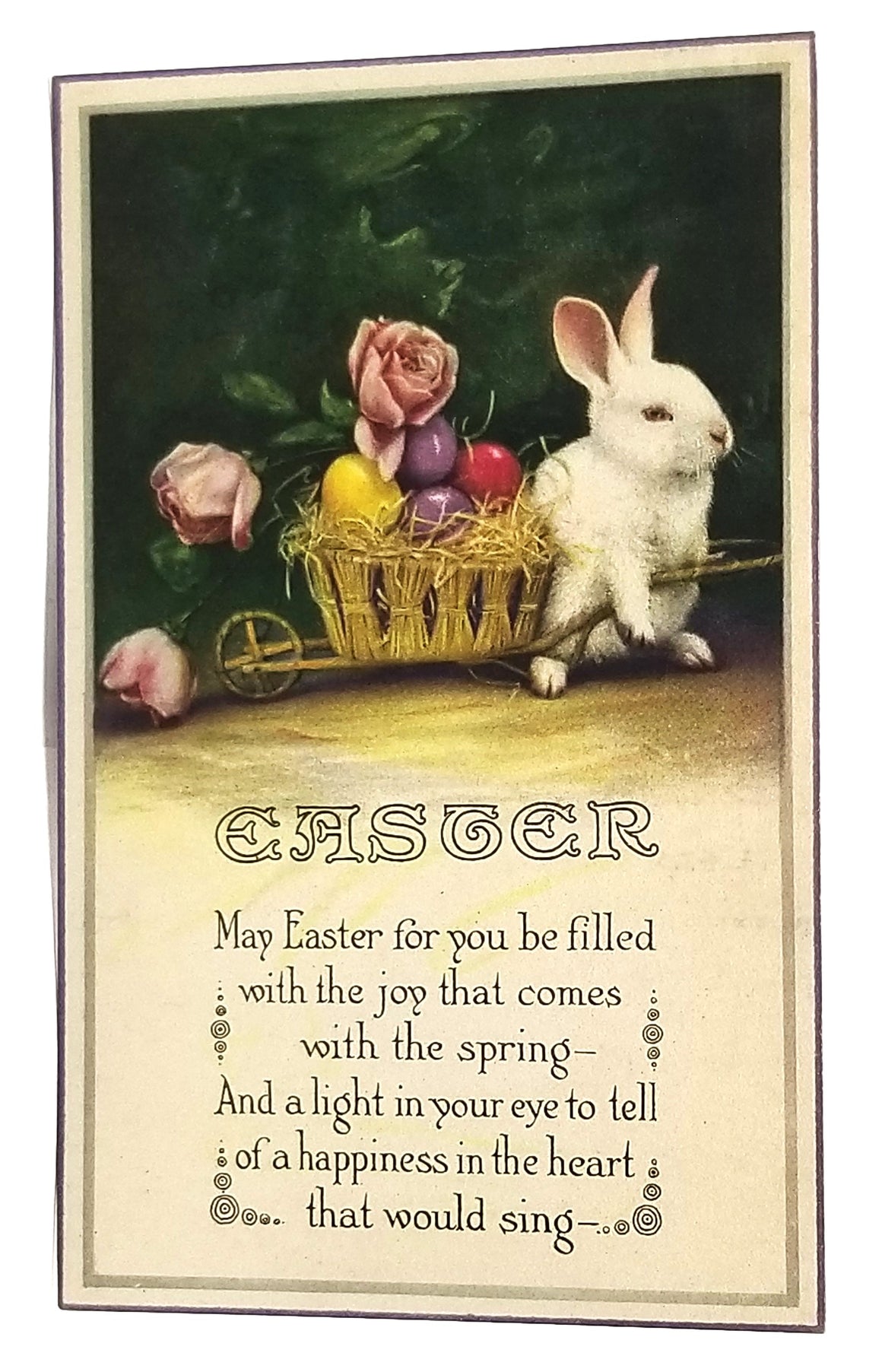 Antique Easter Postcard, Vintage Holiday Post Card, White Rabbit Wagon Basket Painted Eggs Roses Arts Craft Style Writing Poem Series 138