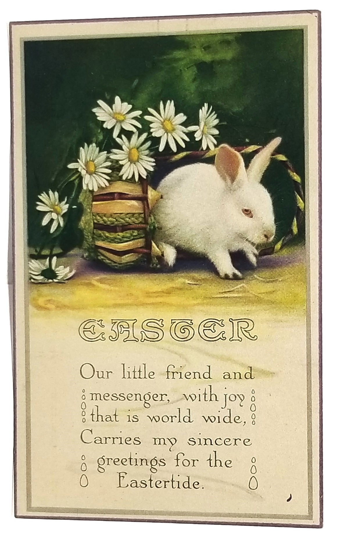 Antique Easter Postcard, Vintage Holiday Post Card, White Rabbit Basket Painted Eggs Daisies Arts Craft Style Writing Poem Series 138