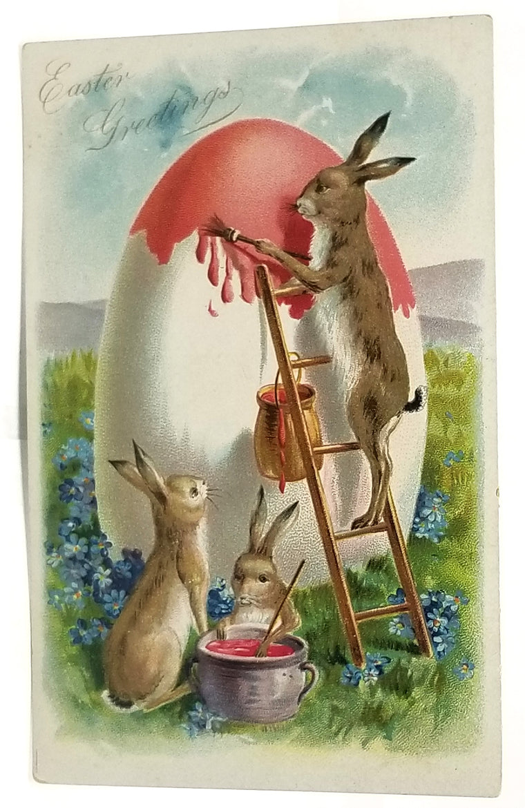 Antique Easter Postcard, Vintage Holiday Post Card,  Anthropomorphic Humanized Bunny Rabbits Painting Giant Egg Pink RAPHAEL TUCK Pub