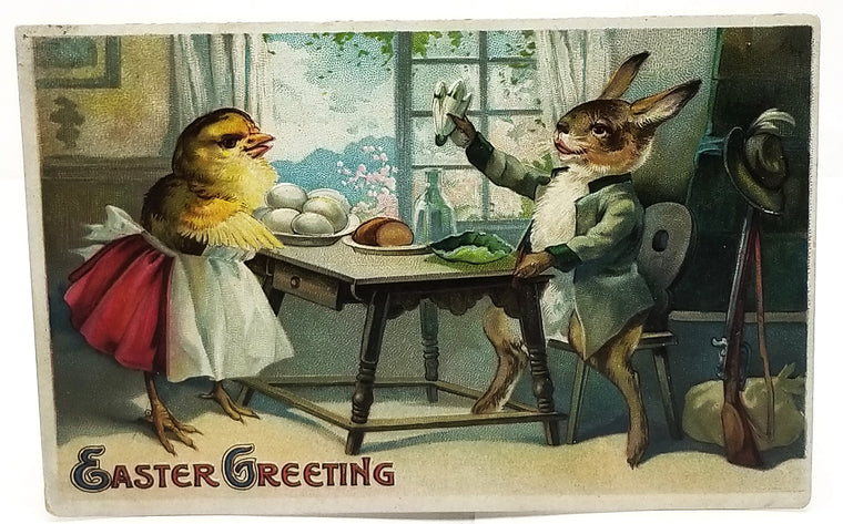 Antique Easter Postcard, Vintage Holiday Post Card, Embossed Anthropomorphic Humanized Chick & Bunny Rabbit Sharing Meal