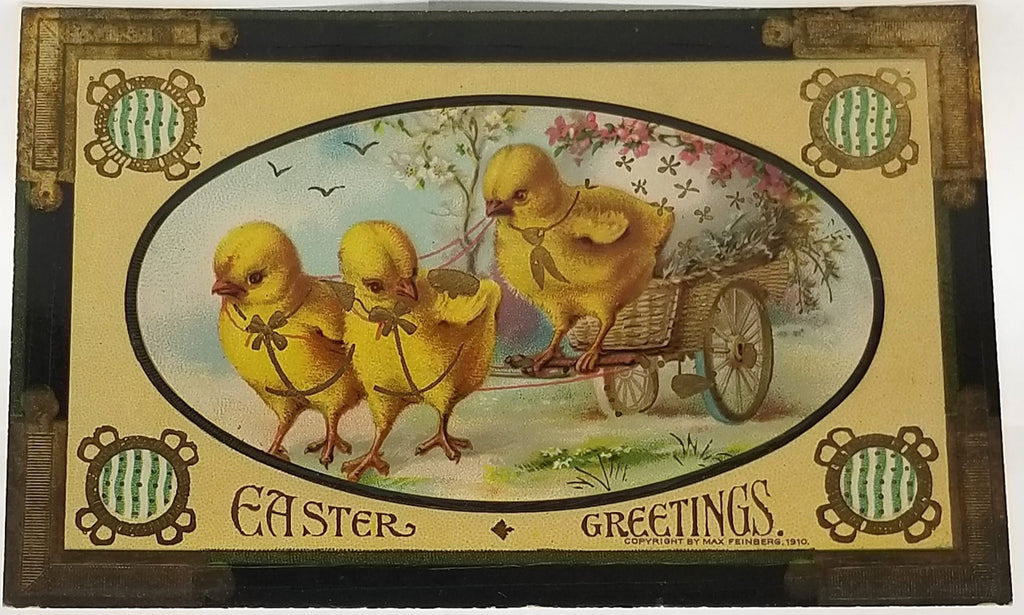 Antique Easter Postcard, Vintage Holiday Post Card, Baby Chicks Pulling Flowers Egg Wagon Gel Finish Gold Border Max Feinberg Pub