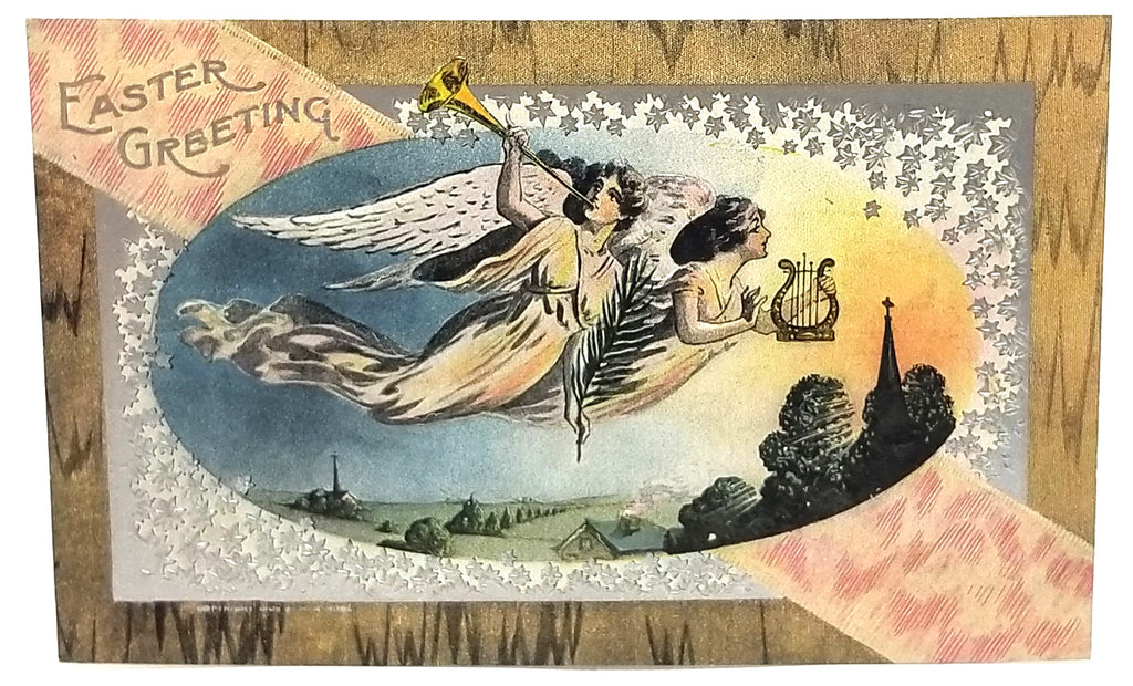 Antique Vintage Easter Postcard, Angels Flying in Sky with Instruments Gold Background Silver Highlights