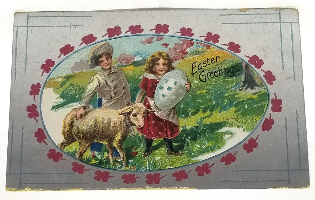 Antique Vintage German Easter Postcard, Children in Grassy Field with Lamb and Giant Painted Egg Silver Background