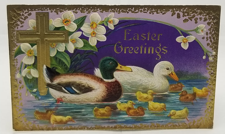 Antique Vintage Easter Postcard, Mallard and White Duck with Babies Purple and Gold Background with Flowers Series 24