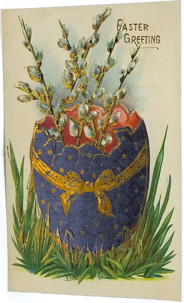 Antique Vintage Easter Postcard, Giant Painted Egg Filled with Pussy Willows Gold Highlights Series 142