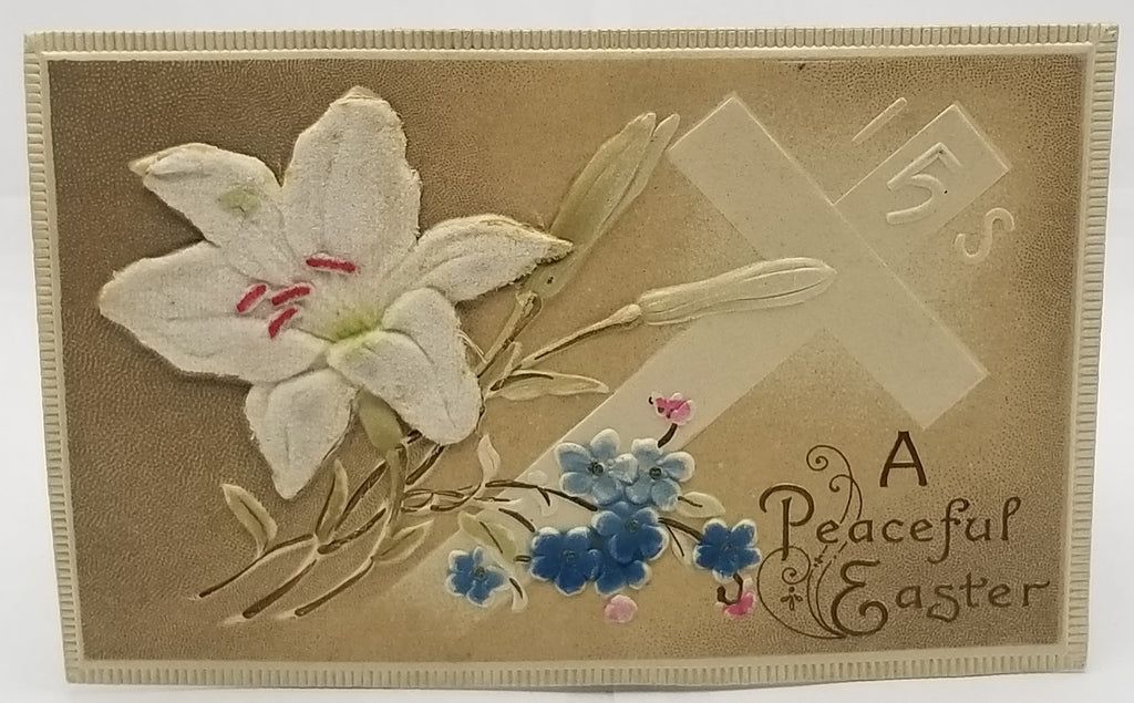 Antique Vintage Easter Postcard, Airbrush Painted Art Nouveau Style Card with Applied Silk Flower and Cross