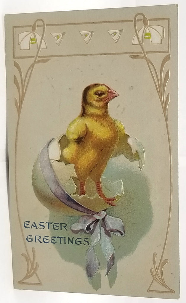 Antique Vintage Easter Postcard, Arts Craft Style Baby Chick Emerging From Egg with Ribbon