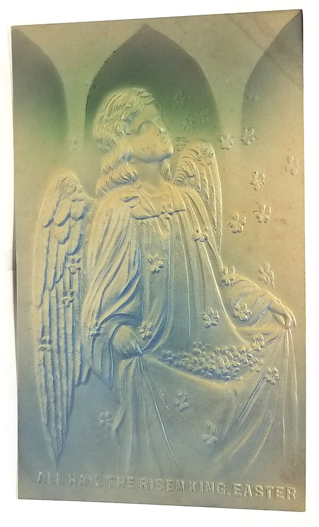 Antique Vintage Easter Postcard, Airbrush Painted Angel Kneeling In Front of Windows 1900s Card