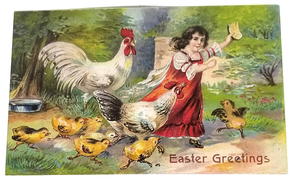 Antique Vintage Easter Postcard, Series 794 Little Girl Running From Large White Rooster and Baby Chicks, German Embossed Card