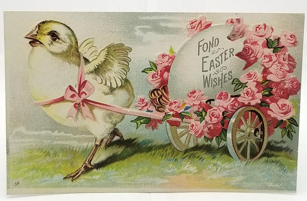 Antique Vintage German Easter Postcard, Baby Chick Pulling Egg Wagon Covered in Pink Flowers IAP Publishing