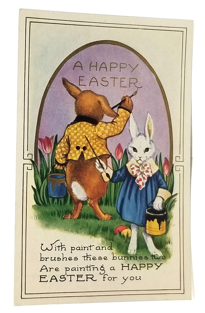 Antique Vintage German Easter Postcard, Embossed Anthropomorphic Humanized Bunny Rabbits Painting Giant Egg Whitney Pub