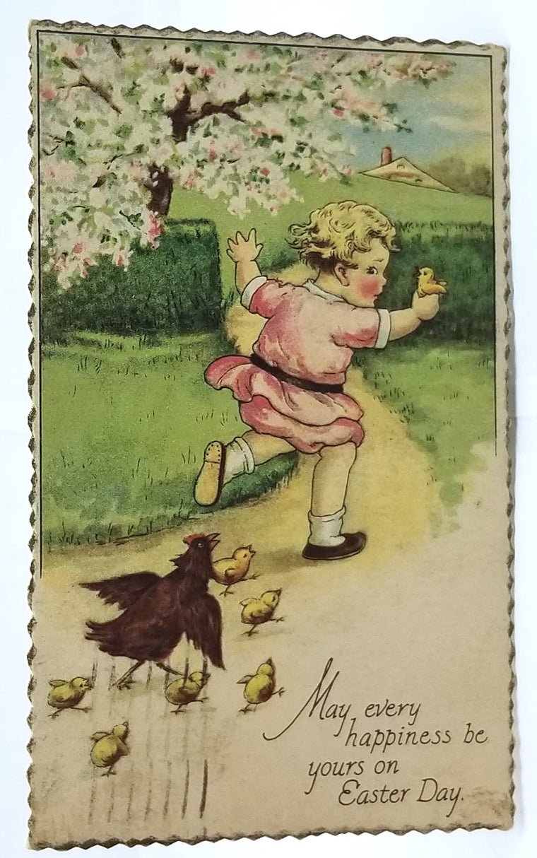 Vintage Easter Postcard, Antique Easter Postcard, Little Girl Being Chased by Hen & Chicks Sawtooth Border