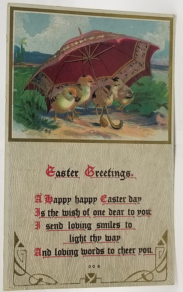 Vintage Easter Postcard, Antique Easter Postcard, Anthropomorphic Baby Chicks Walking Under Umbrella Series 305 Gold Highlights