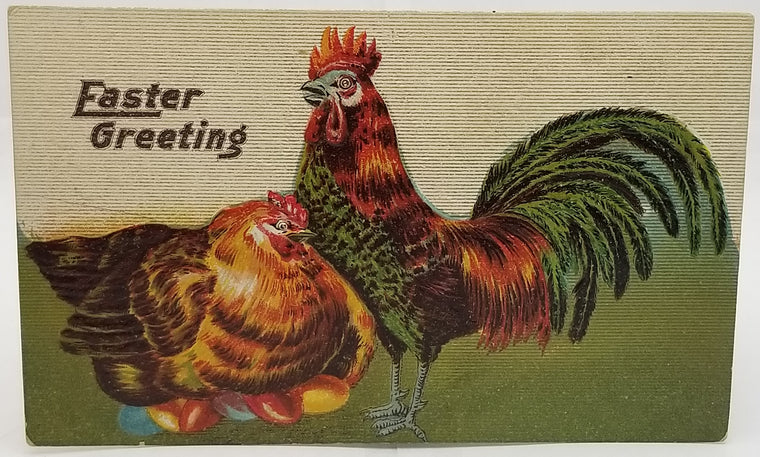 Vintage Easter Postcard, Antique Easter Postcard, Colorful Rooster & Hen on Eggs with Textured Background