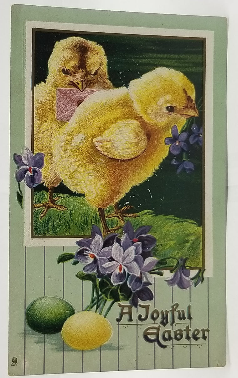 Vintage Easter Postcard, Antique Easter Postcard, Baby Chicks with Violets Painted Eggs and Green , Tuck & Sons Series 706