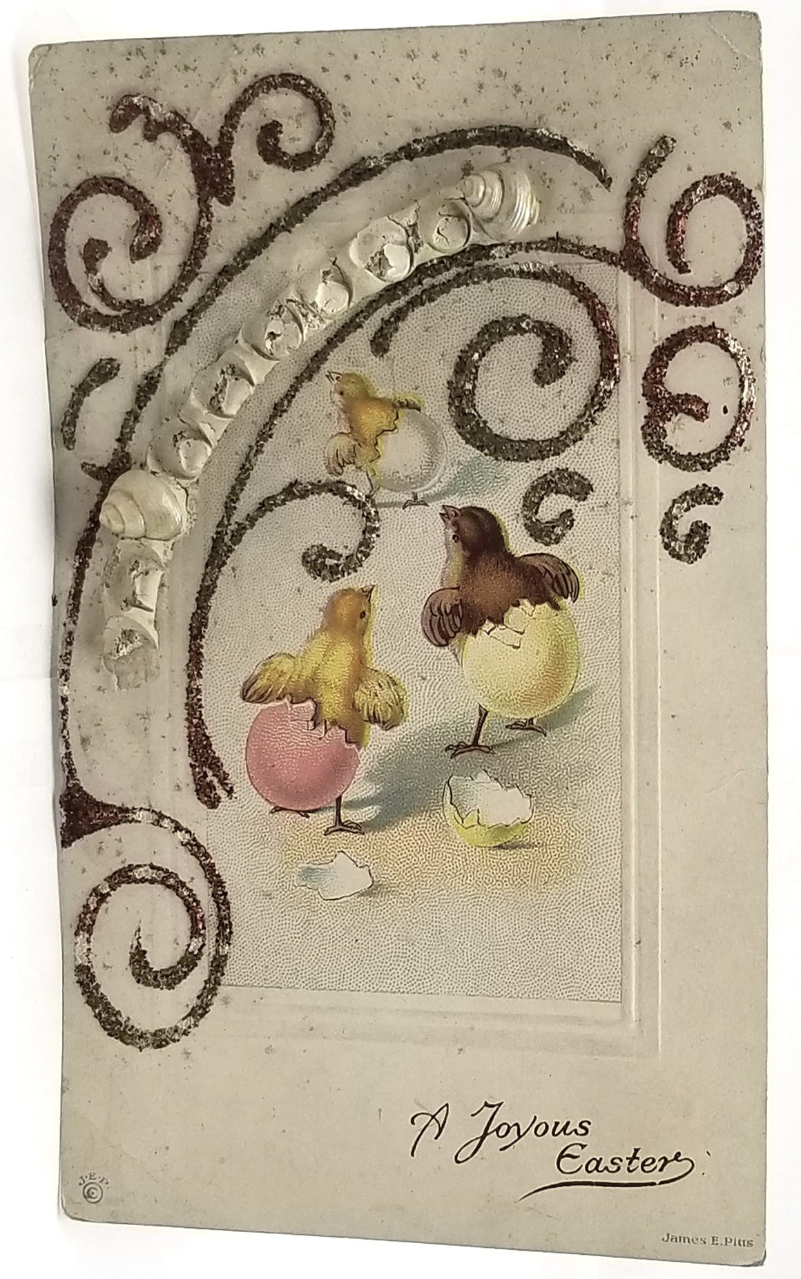 Vintage Easter Postcard, Antique Easter Postcard, Series 30 Baby Chicks in Painted Eggs Applied Glitter & Shells