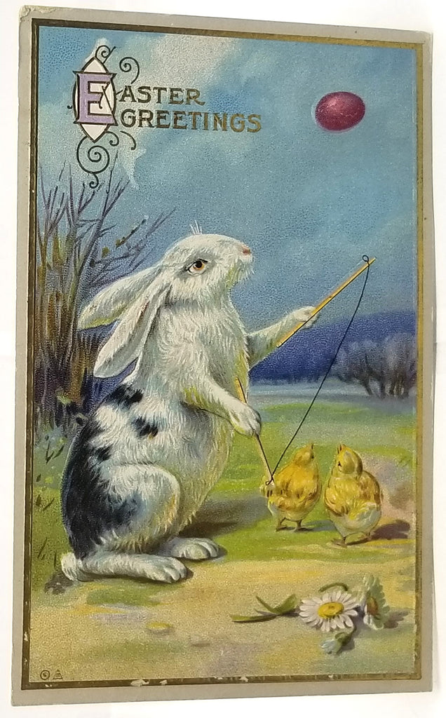 Vintage Easter Postcard, Antique Easter Post Card, Bunny Rabbit Playing Game with Baby Chicks, Series 37 Embossed Card