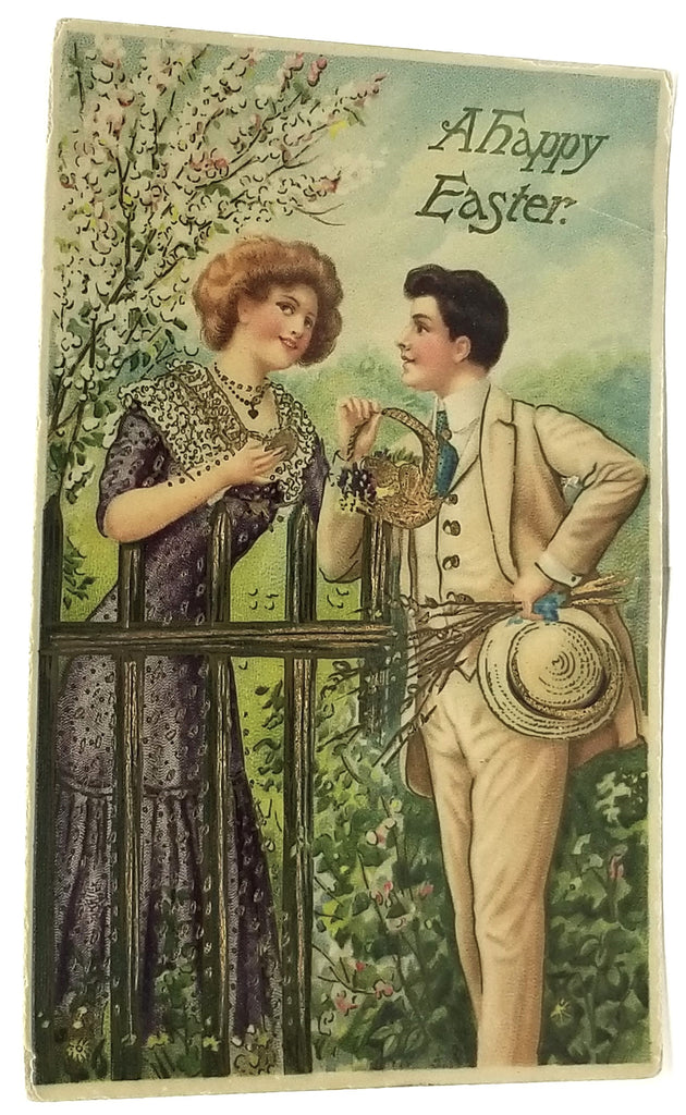 Vintage Easter Postcard, Gel Finish Gold Embossed Edwardian Couple in Garden, Antique German Post Card