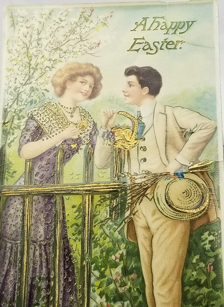 Vintage Easter Postcard, Gel Finish Gold Embossed Edwardian Couple in Garden, Antique German Post Card