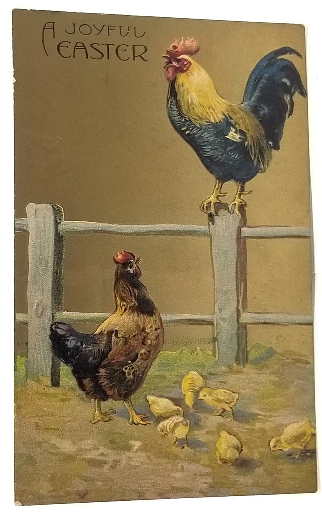 Vintage Easter Postcard, Rooster & Hen with Baby Chicks Gold Background