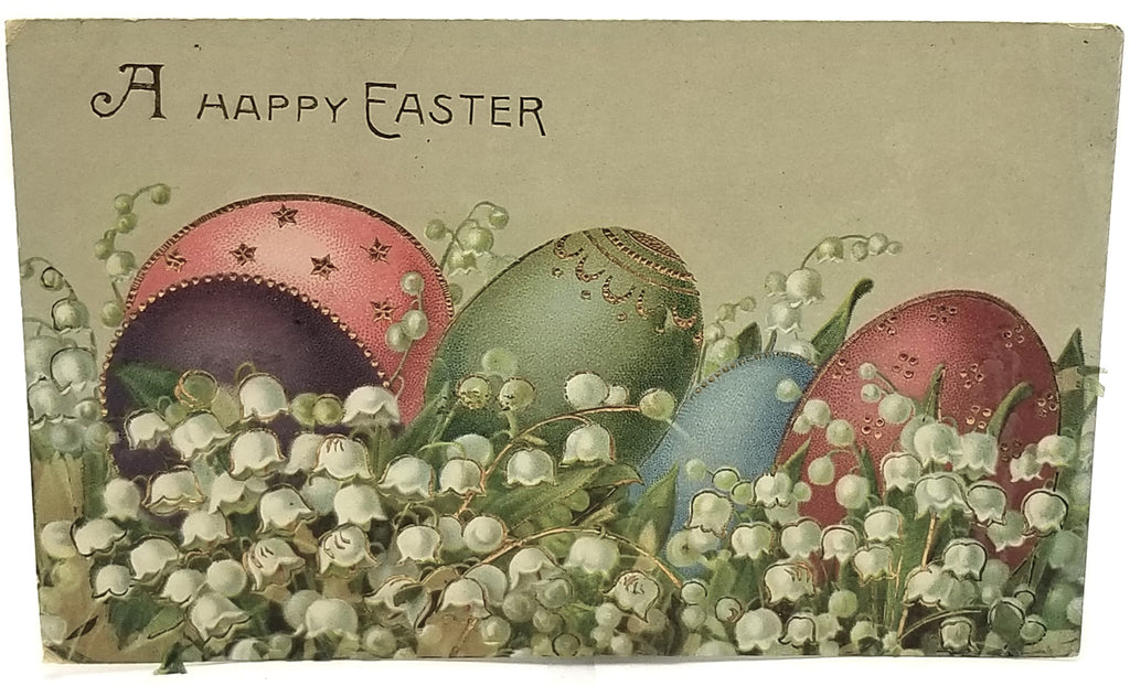 Vintage Easter Postcard, Art Nouveau Pastel Eggs with White Flowers Gold Highlights