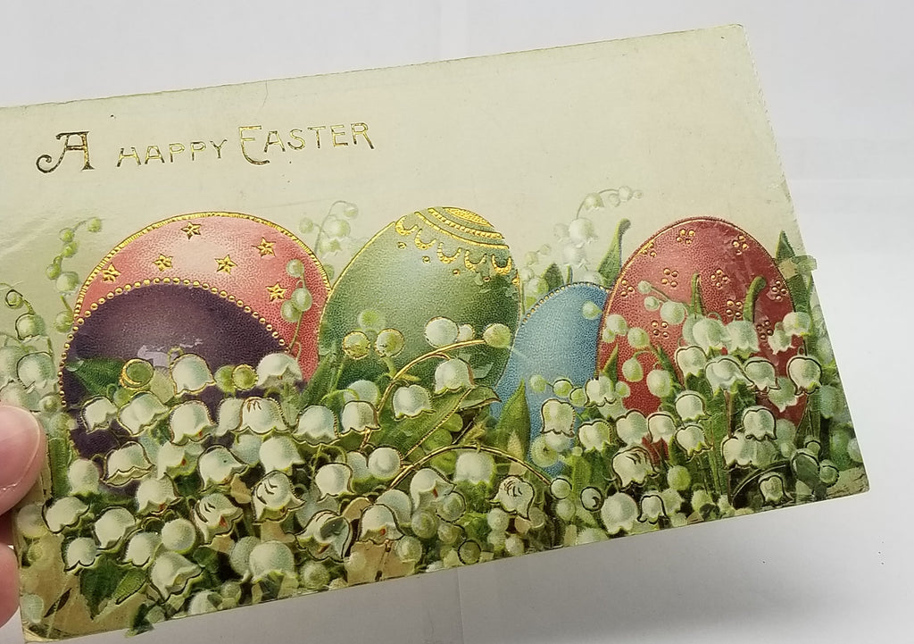 Vintage Easter Postcard, Art Nouveau Pastel Eggs with White Flowers Gold Highlights