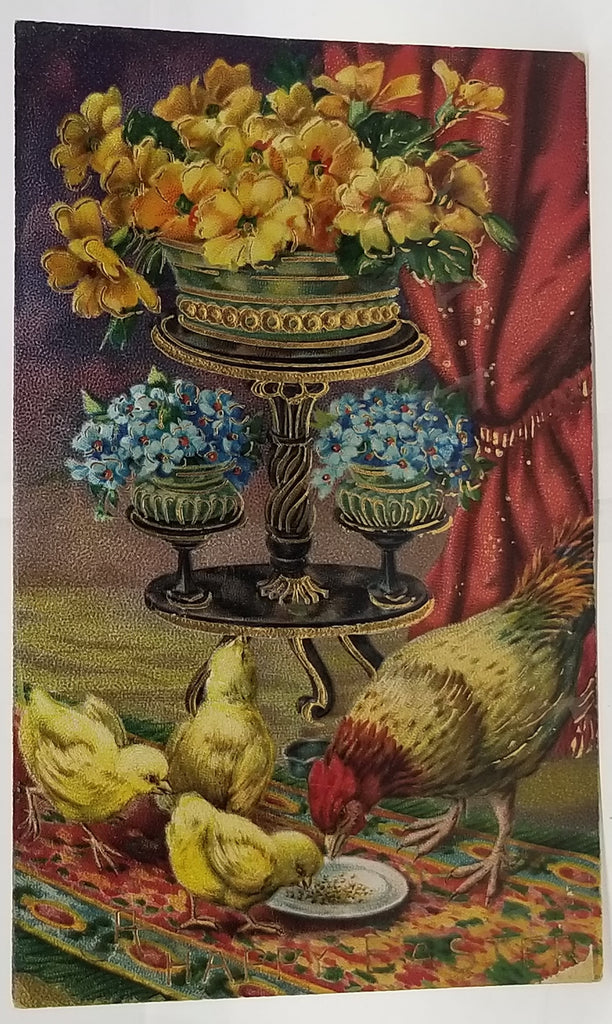 Vintage Easter Postcard, Baby Chicks with Mother Hen in Fancy Room with Flowers Gold Highlights Series 28