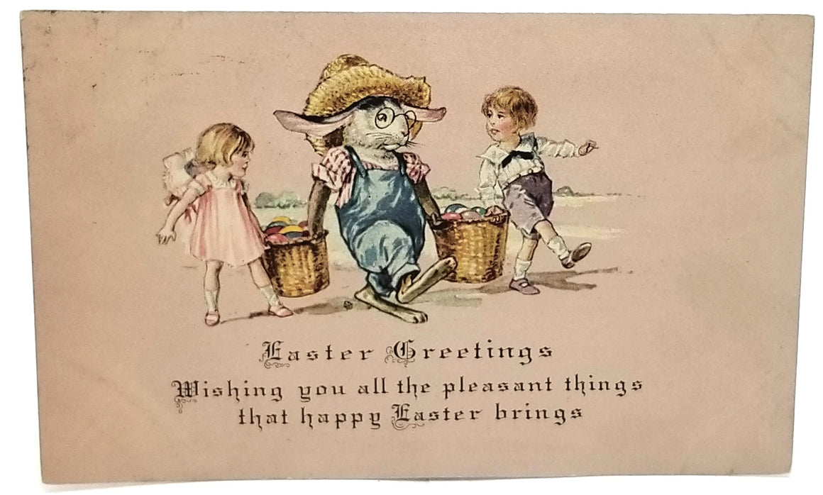 Vintage Easter Postcard, Human Dressed White Bunny Rabbit Walking with Children Pink Background