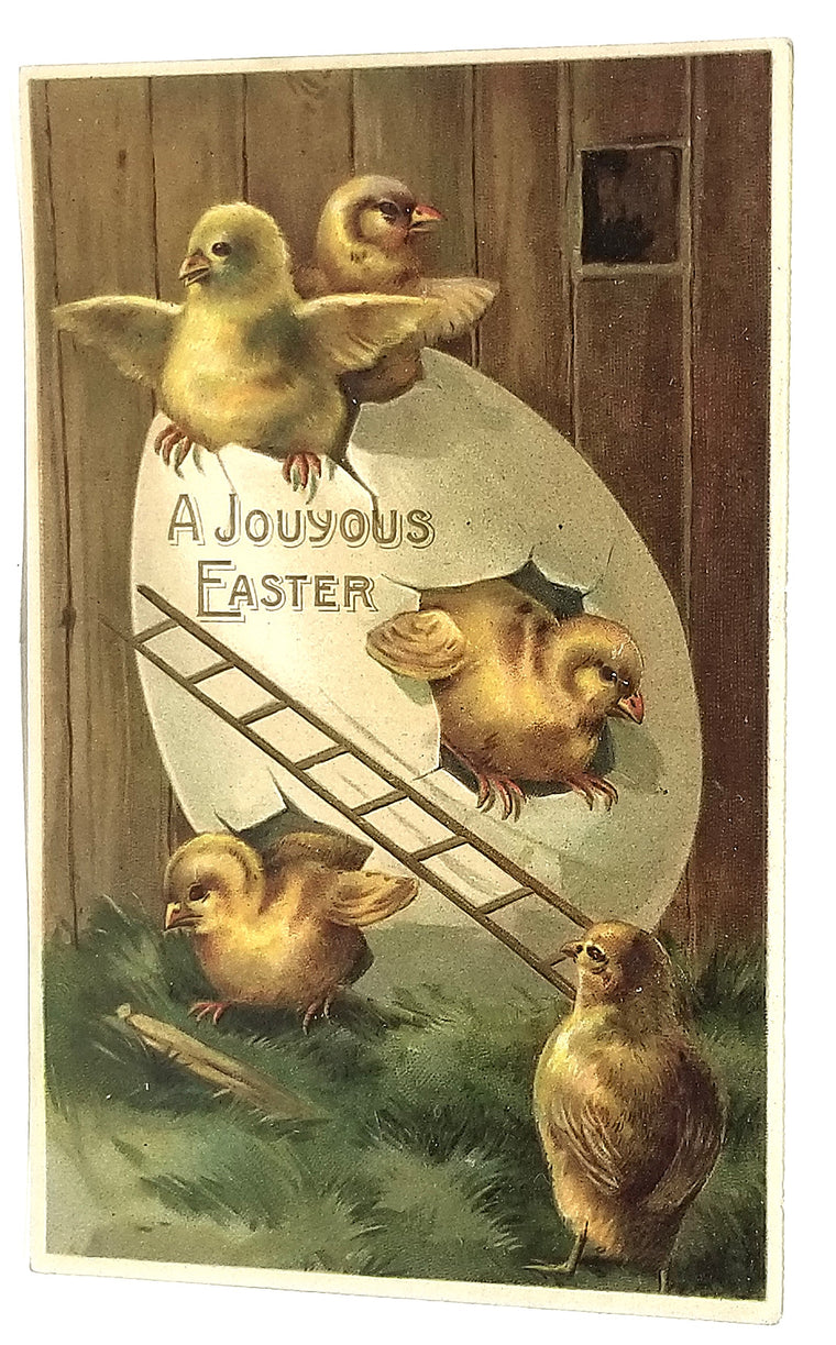 Vintage Easter Postcard, Antique German Easter Postcard,  Baby Chicks on Giant Egg with Ladder