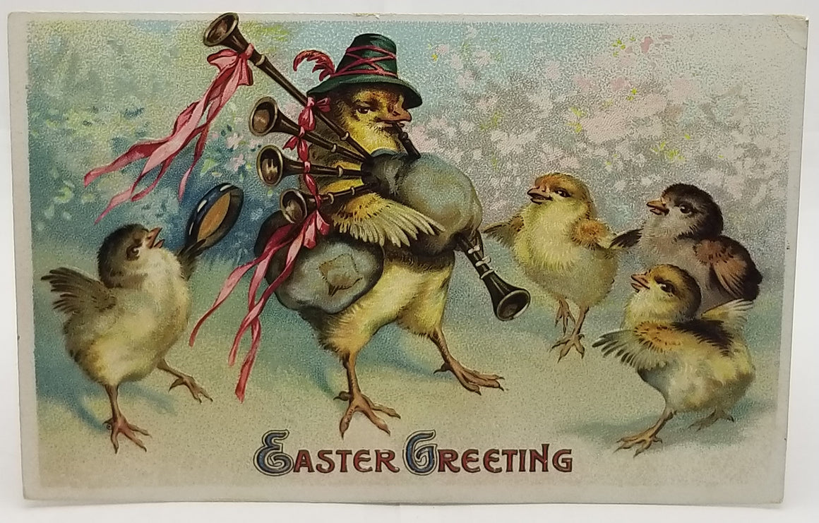 Vintage Easter Postcard, Antique German Easter Postcard,  Anthropomorphic Chicks Playing Bagpipes & Dancing