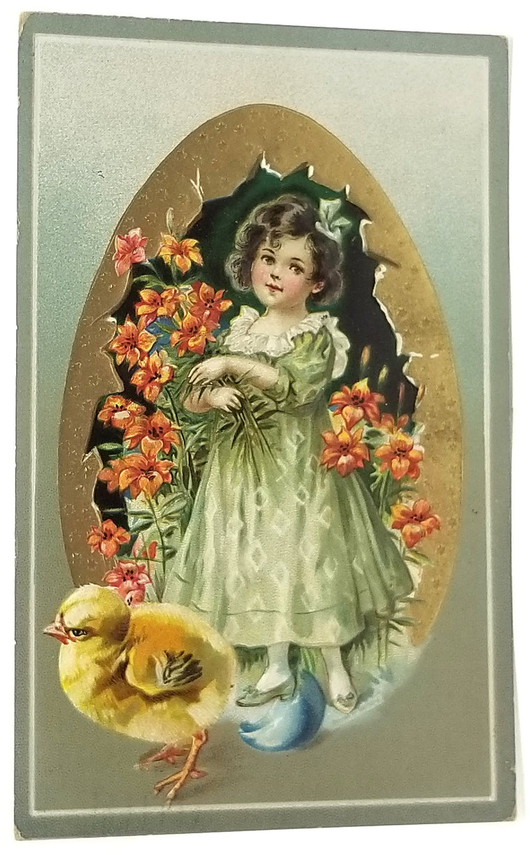 Vintage Easter Postcard, Antique German Easter Postcard,  Little Girl in Green Holding Flowers in Golden Egg with Baby Chick