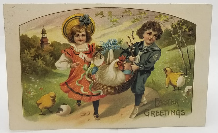 Vintage Easter Postcard, Antique German Easter Postcard,  Two Children Carrying Basket with Eggs & Hen Baby Chicks Around