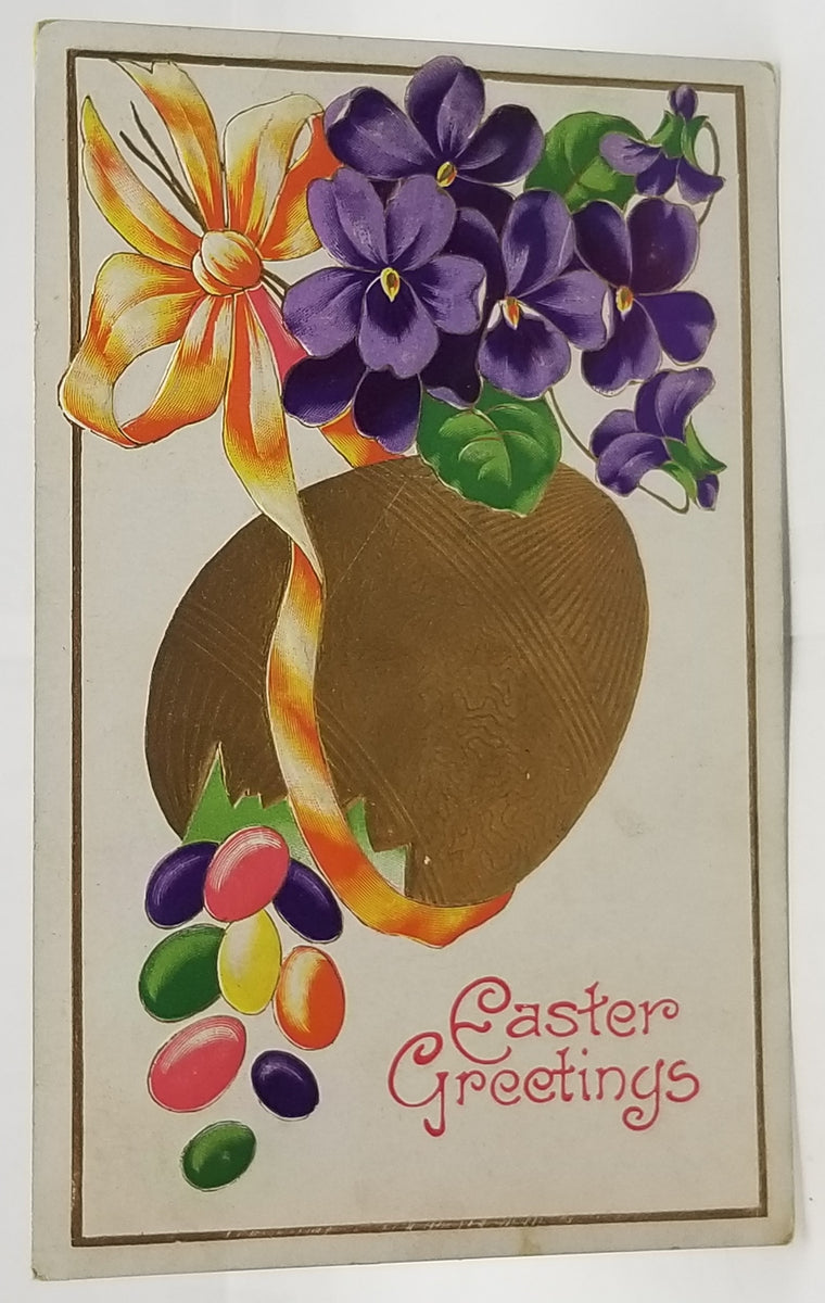 Vintage Easter Postcard, Antique Easter Postcard, Golden Embossed Egg Dropping Jellybeans Gel Type Finish