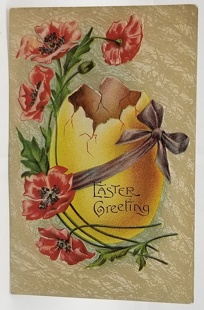 Vintage Easter Postcard, Antique Easter Postcard, Art Nouveau Period Broken Yellow Egg with Purple Ribbon & Poppy Flowers