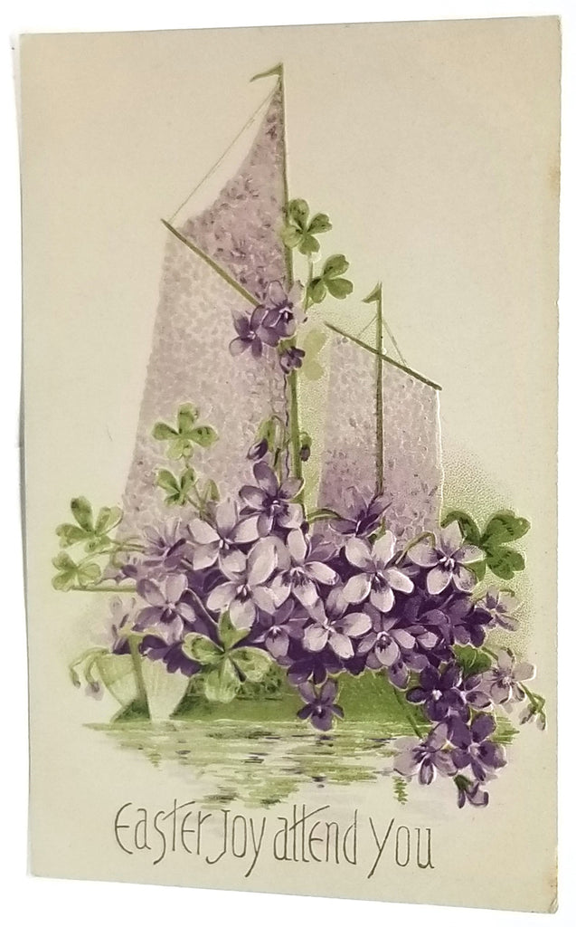 Vintage Easter Postcard, Antique Easter Post Card, Sailboat Covered in Purple Violet Flowers Made in Germany