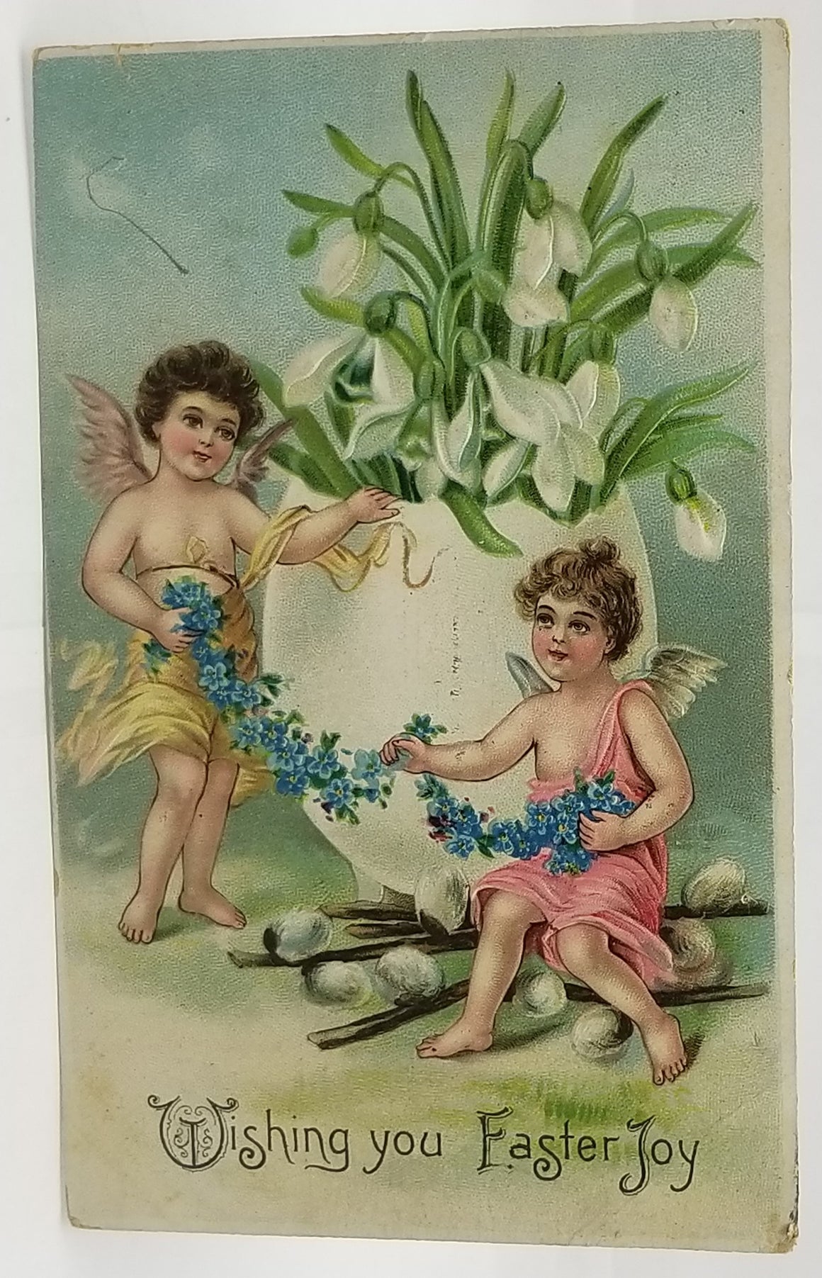 Vintage Easter Postcard, Antique Easter Postcard, Cherub Angels with Giant Egg Filled with White Lilies BW Germany