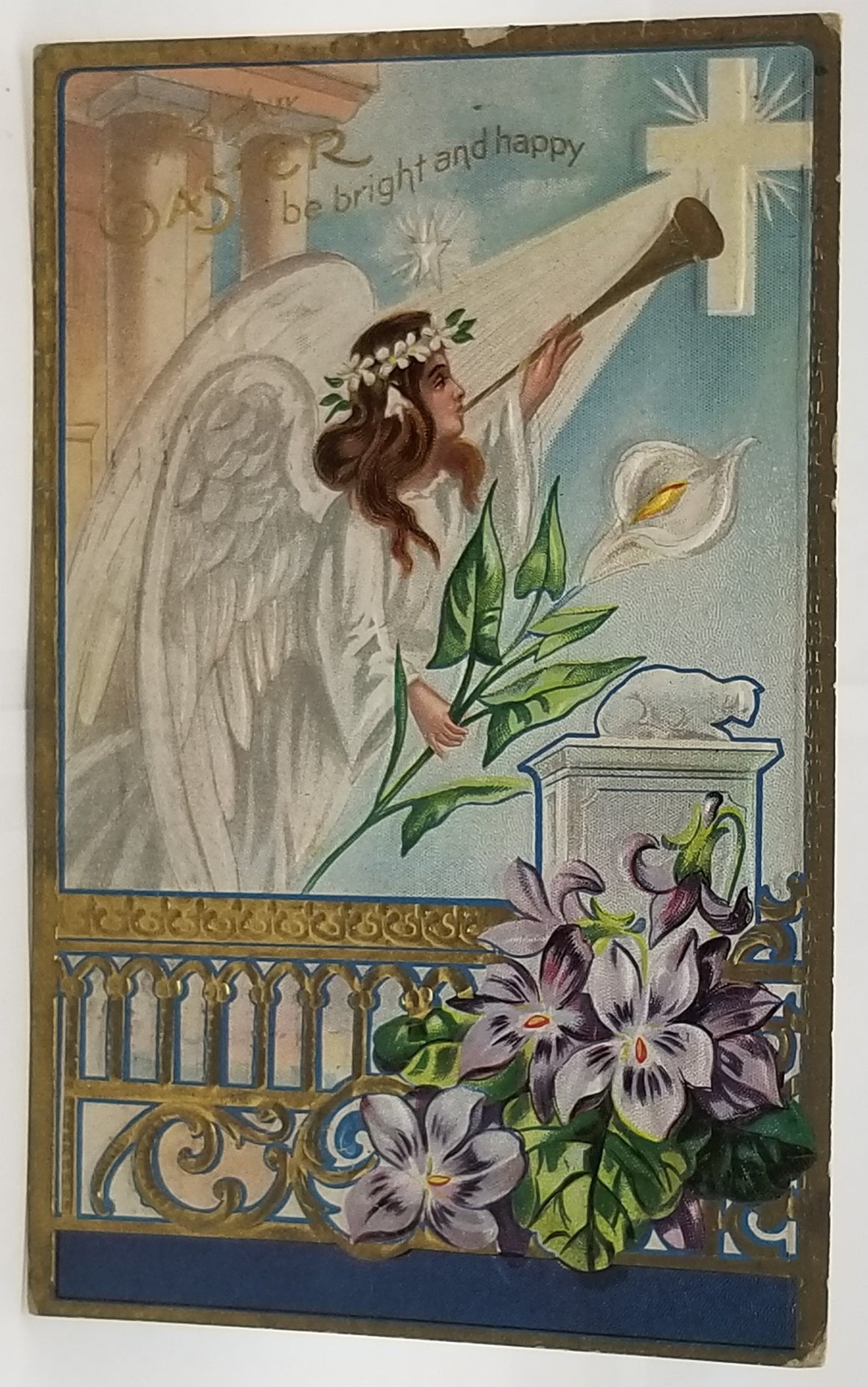 Vintage Easter Postcard, Antique Easter Post Card, Angel on Balcony Blowing Gold Trumpet Holding White Lily Cross Series