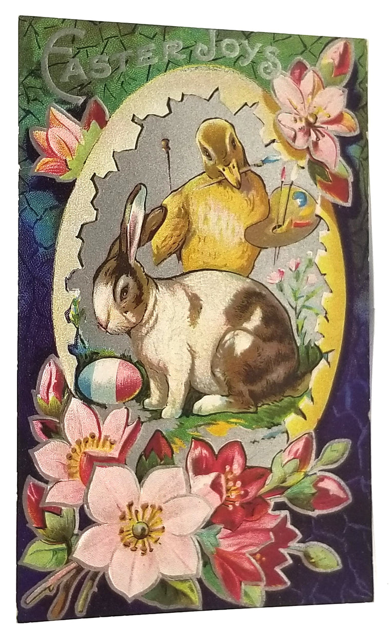 Easter Postcard Duck Painting Eggs with Bunny Rabbit Silver Highlights Series No 3