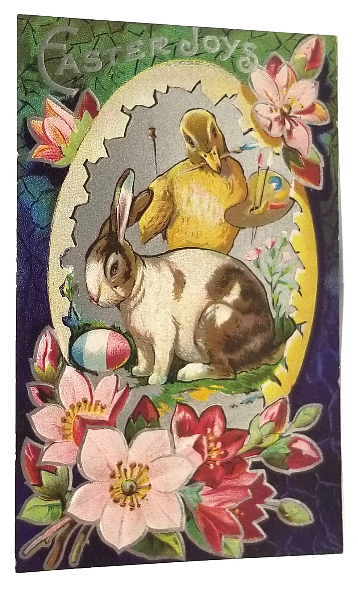 Easter Postcard Duck Painting Eggs with Bunny Rabbit Silver Highlights Series No 3