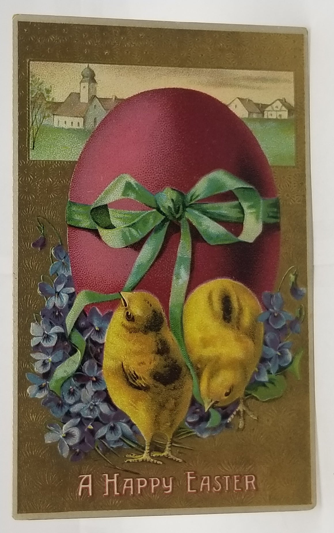 Easter Postcard Two Baby Chicks with Giant Pink Egg & Ribbon Gold Foil Background Series 377