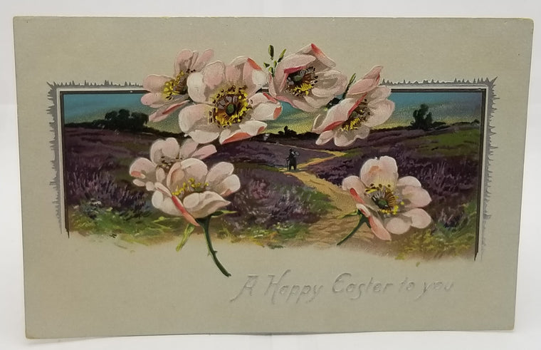 Easter Postcard Raphael Tuck Pub. Pink Blossoms in Field of Purple Flowers and Lane No 704 Germany